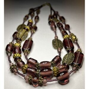 Vintage Three Strand Beaded Purple Glass And Copper Fashion Necklace 8"inch